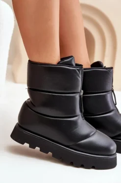 Damskie Boto Śniegowce Na Platformie Z Zamkiem Eko Skórzane Czarne Resisia