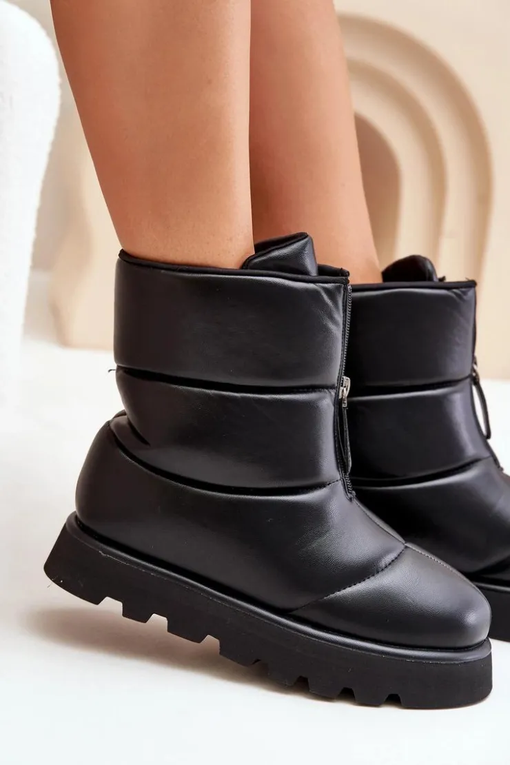 Damskie Boto Śniegowce Na Platformie Z Zamkiem Eko Skórzane Czarne Resisia