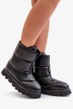 Damskie Boto Śniegowce Na Platformie Z Zamkiem Eko Skórzane Czarne Resisia