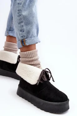 Boto Śniegowce Damskie*Śniegowce Na Platformie Z Kożuchem Czarne Olimuka Czarny