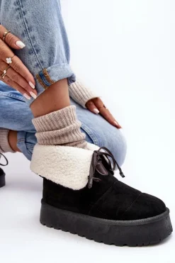 Boto Śniegowce Damskie*Śniegowce Na Platformie Z Kożuchem Czarne Olimuka Czarny