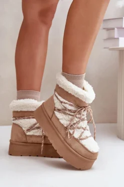 Boto Śniegowce Damskie*Śniegowce Na Platformie Z Wiązaniem Beżowe Izathiel