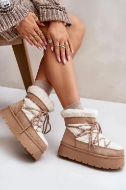 Boto Śniegowce Damskie*Śniegowce Na Platformie Z Wiązaniem Beżowe Izathiel