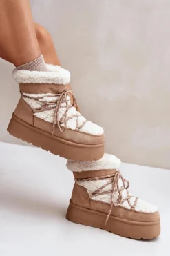 Boto Śniegowce Damskie*Śniegowce Na Platformie Z Wiązaniem Beżowe Izathiel