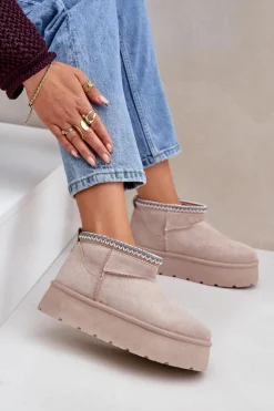 Damskie Boto Śniegowce Na Platformie Z Ozdobnym Haftem Jasnobeżowe Heslania