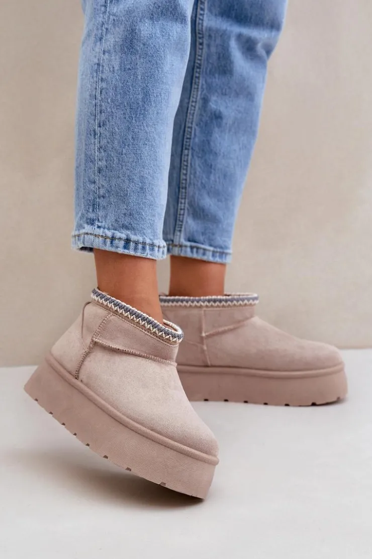 Damskie Boto Śniegowce Na Platformie Z Ozdobnym Haftem Jasnobeżowe Heslania