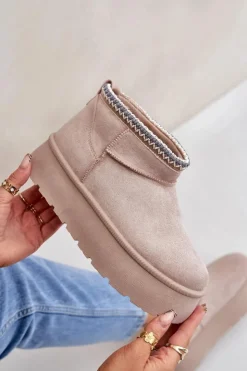 Damskie Boto Śniegowce Na Platformie Z Ozdobnym Haftem Jasnobeżowe Heslania