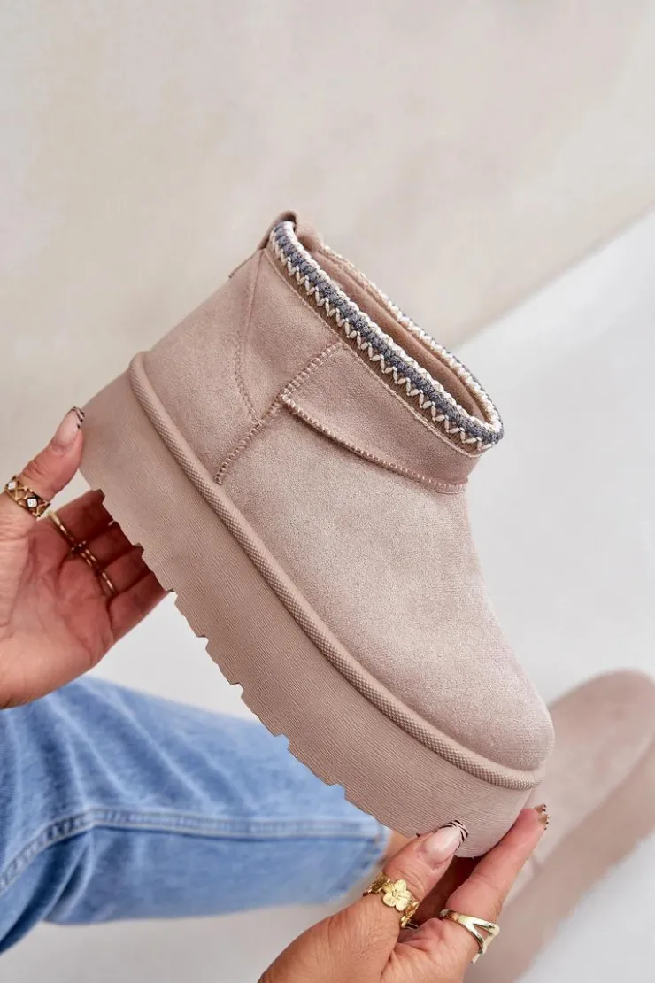 Damskie Boto Śniegowce Na Platformie Z Ozdobnym Haftem Jasnobeżowe Heslania