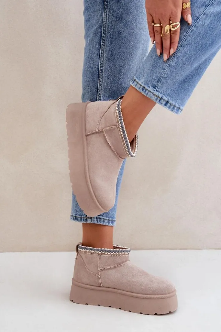 Damskie Boto Śniegowce Na Platformie Z Ozdobnym Haftem Jasnobeżowe Heslania