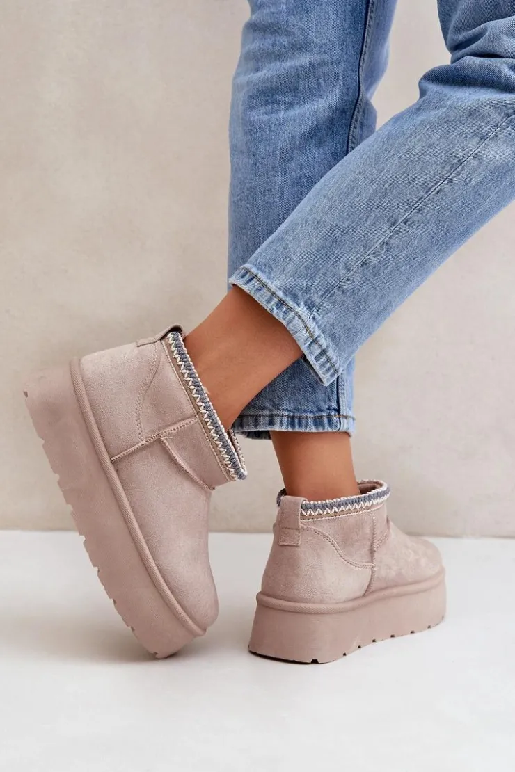 Damskie Boto Śniegowce Na Platformie Z Ozdobnym Haftem Jasnobeżowe Heslania