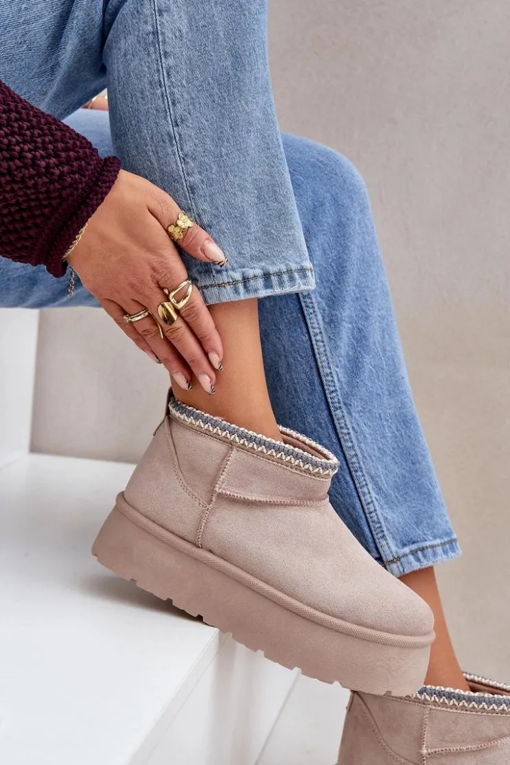 Damskie Boto Śniegowce Na Platformie Z Ozdobnym Haftem Jasnobeżowe Heslania