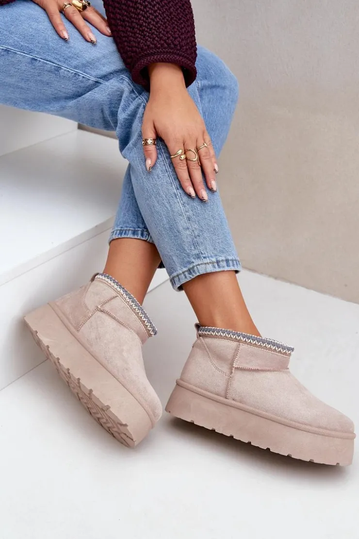 Damskie Boto Śniegowce Na Platformie Z Ozdobnym Haftem Jasnobeżowe Heslania