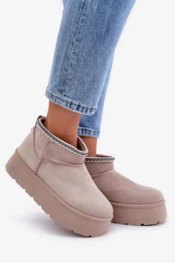 Damskie Boto Śniegowce Na Platformie Z Ozdobnym Haftem Jasnobeżowe Heslania