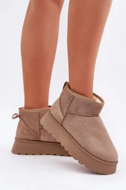 Boto Śniegowce Damskie*Śniegowce Na Platformie Z Eko Zamszu Ciemnobeżowe Vlivana