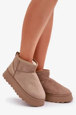 Boto Śniegowce Damskie*Śniegowce Na Platformie Z Eko Zamszu Ciemnobeżowe Vlivana