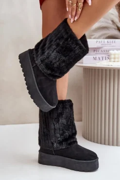 New Evento Śniegowce Na Platformie Z Wywiniętą Cholewką Czarne Lisonea