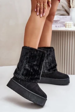 New Evento Śniegowce Na Platformie Z Wywiniętą Cholewką Czarne Lisonea