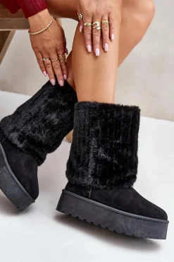 New Evento Śniegowce Na Platformie Z Wywiniętą Cholewką Czarne Lisonea