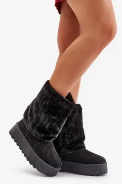 New Evento Śniegowce Na Platformie Z Wywiniętą Cholewką Czarne Lisonea