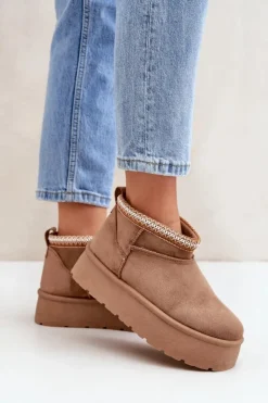 Sale Boto Śniegowce Na Platformie Z Ozdobnym Haftem Brązowe Heslania