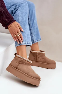 Sale Boto Śniegowce Na Platformie Z Ozdobnym Haftem Brązowe Heslania