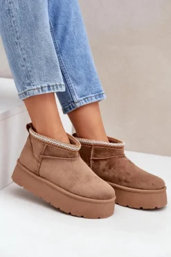 Sale Boto Śniegowce Na Platformie Z Ozdobnym Haftem Brązowe Heslania