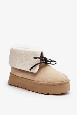 Boto Śniegowce Damskie*Śniegowce Na Platformie Z Kożuchem Jasnobeżowe Olimuka Beżowy