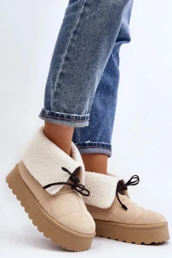 Boto Śniegowce Damskie*Śniegowce Na Platformie Z Kożuchem Jasnobeżowe Olimuka Beżowy