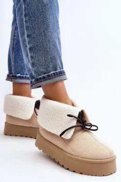 Boto Śniegowce Damskie*Śniegowce Na Platformie Z Kożuchem Jasnobeżowe Olimuka Beżowy