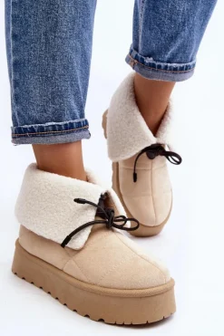 Boto Śniegowce Damskie*Śniegowce Na Platformie Z Kożuchem Jasnobeżowe Olimuka Beżowy