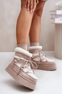 Best Boto Śniegowce Na Platformie Z Wiązaniem Jasnobeżowe Izathiel