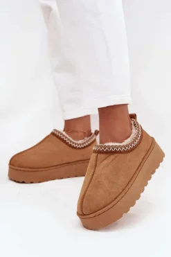Boto Śniegowce Damskie*Śniegowce Niskie Damskie Z Haftem Na Platformie Camel Taliah Brązowy