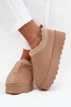 Hot Boto Śniegowce Niskie Damskie Z Haftem Na Platformie Beżowe Taliah Beżowy