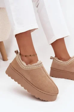 Hot Boto Śniegowce Niskie Damskie Z Haftem Na Platformie Beżowe Taliah Beżowy