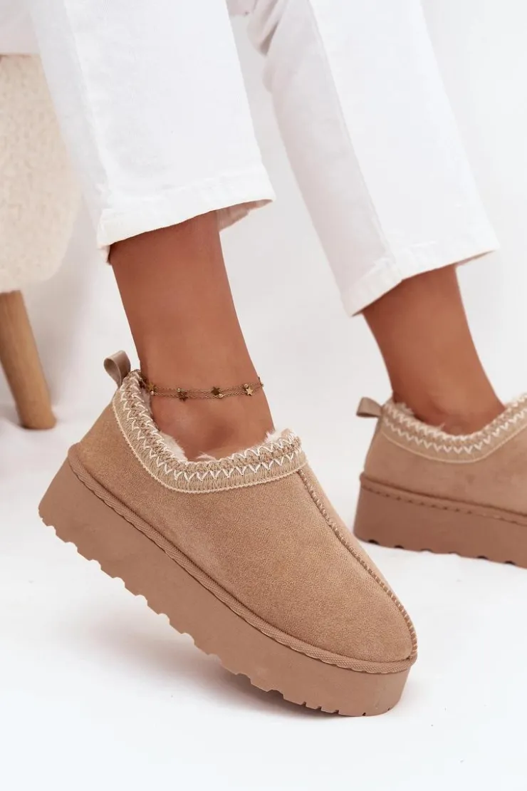 Hot Boto Śniegowce Niskie Damskie Z Haftem Na Platformie Beżowe Taliah Beżowy