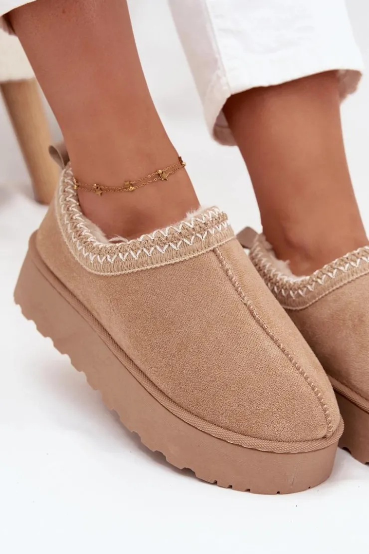 Hot Boto Śniegowce Niskie Damskie Z Haftem Na Platformie Beżowe Taliah Beżowy