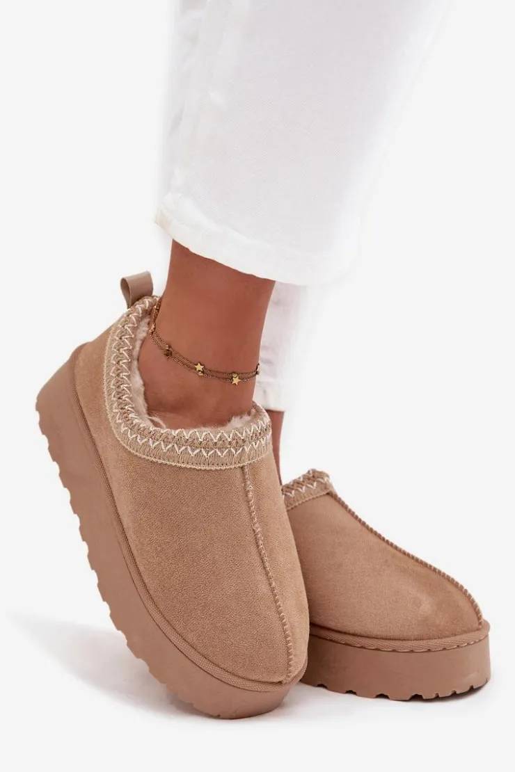 Hot Boto Śniegowce Niskie Damskie Z Haftem Na Platformie Beżowe Taliah Beżowy
