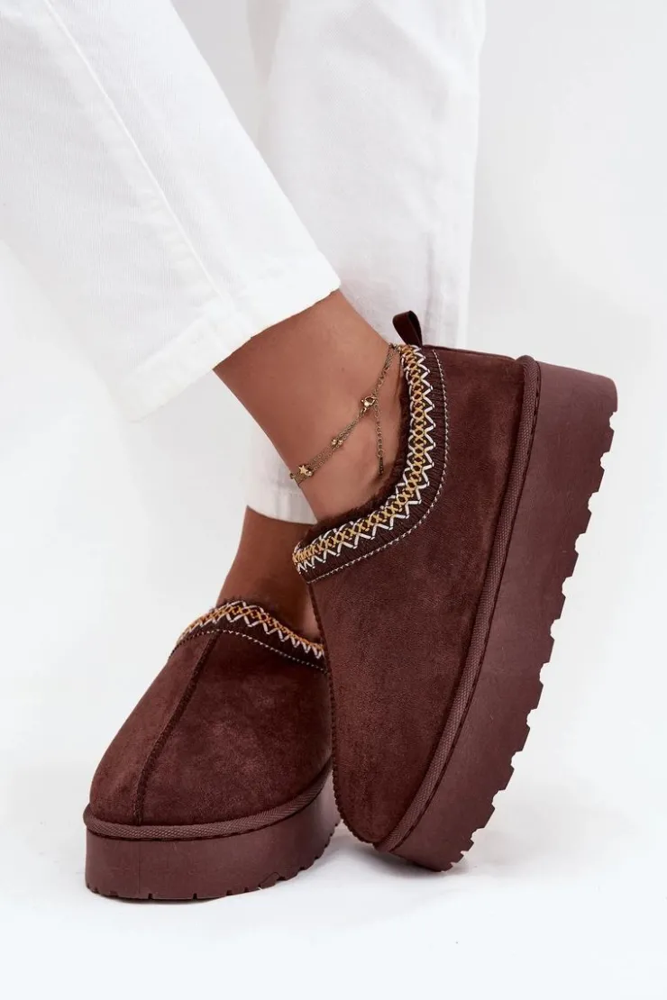 Damskie Boto Śniegowce Niskie Damskie Z Haftem Na Platformie Czekoladowe Taliah