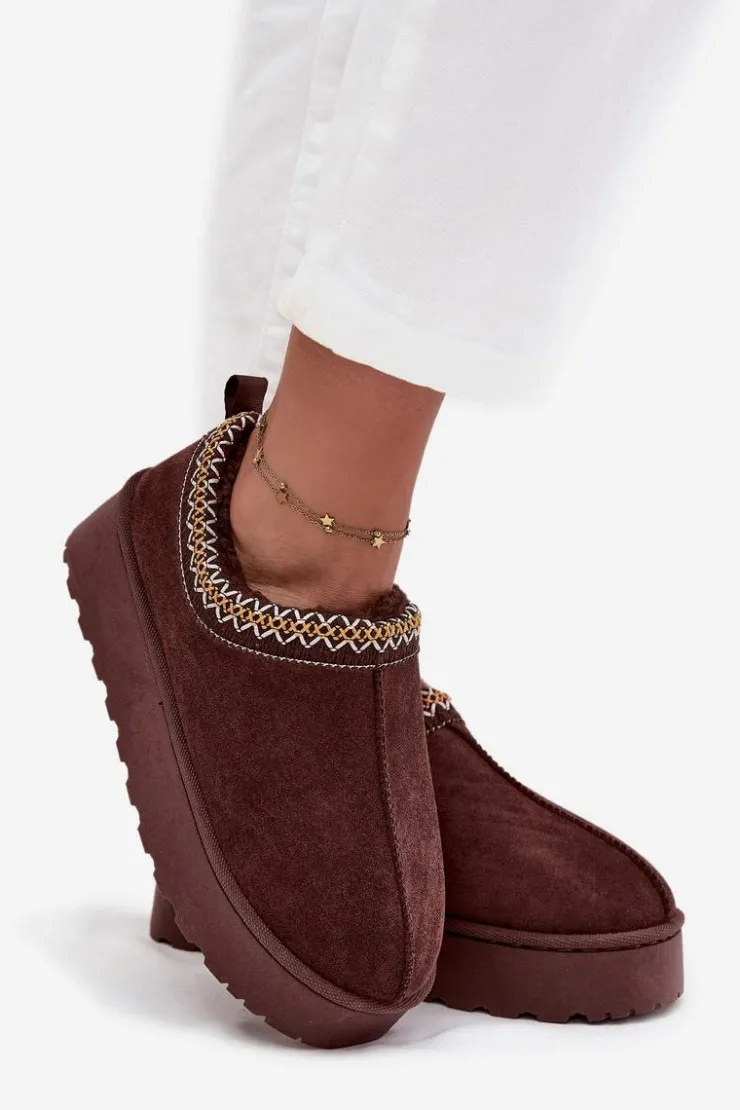 Damskie Boto Śniegowce Niskie Damskie Z Haftem Na Platformie Czekoladowe Taliah