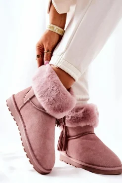 Damskie Boto Śniegowce Ocieplane Frędzle Różowe Sorella
