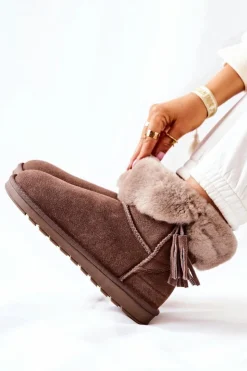 Damskie Boto Śniegowce Ocieplane Frędzle Brązowe Sorella