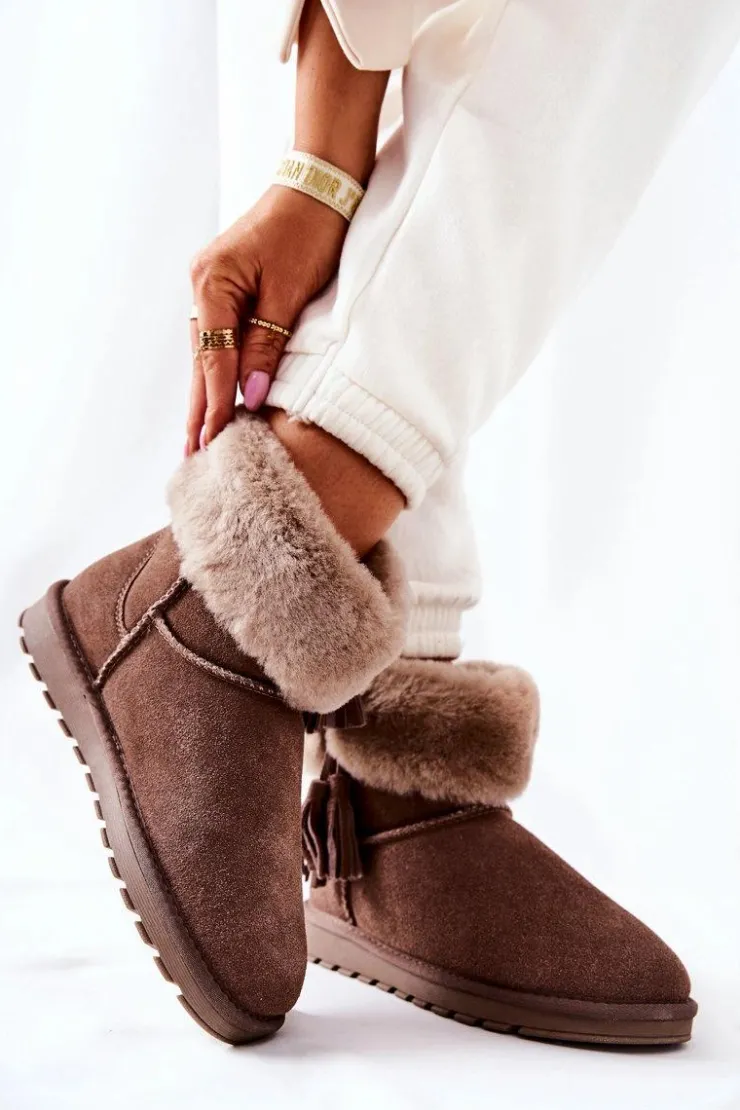 Damskie Boto Śniegowce Ocieplane Frędzle Brązowe Sorella