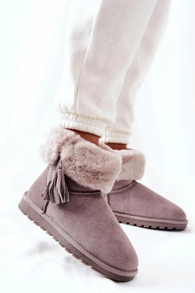 Boto Śniegowce Damskie*Śniegowce Ocieplane Frędzle Szare Sorella