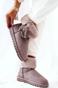 Boto Śniegowce Damskie*Śniegowce Ocieplane Frędzle Szare Sorella