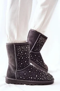 Boto Śniegowce Damskie*Śniegowce Ocieplane Z Dżetami Szare Mariella Szary