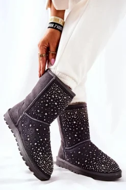 Boto Śniegowce Damskie*Śniegowce Ocieplane Z Dżetami Szare Mariella Szary