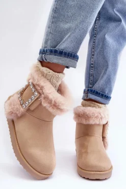Damskie Boto Śniegowce Ocieplane Z Klamrą Beżowe Dulca