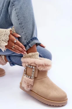 Damskie Boto Śniegowce Ocieplane Z Klamrą Beżowe Dulca