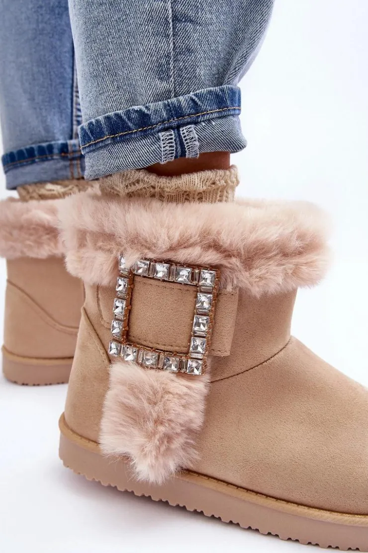 Damskie Boto Śniegowce Ocieplane Z Klamrą Beżowe Dulca