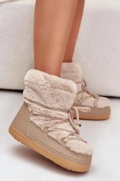 Clearance Boto Śniegowce Z Futerkiem I Wiązaniem Beżowe Silvara Beżowy